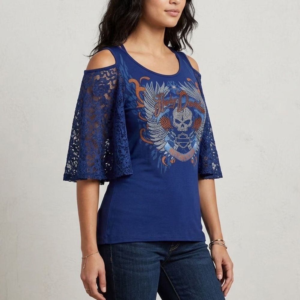 Harley-Davidson Navy Bling Cold Shoulder Lace Sleeve Graphic Top L